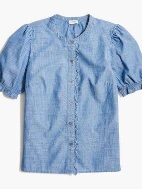 JCrew Ladies Blue Chambray Short Puff Sleeve Button Down Top SZ S